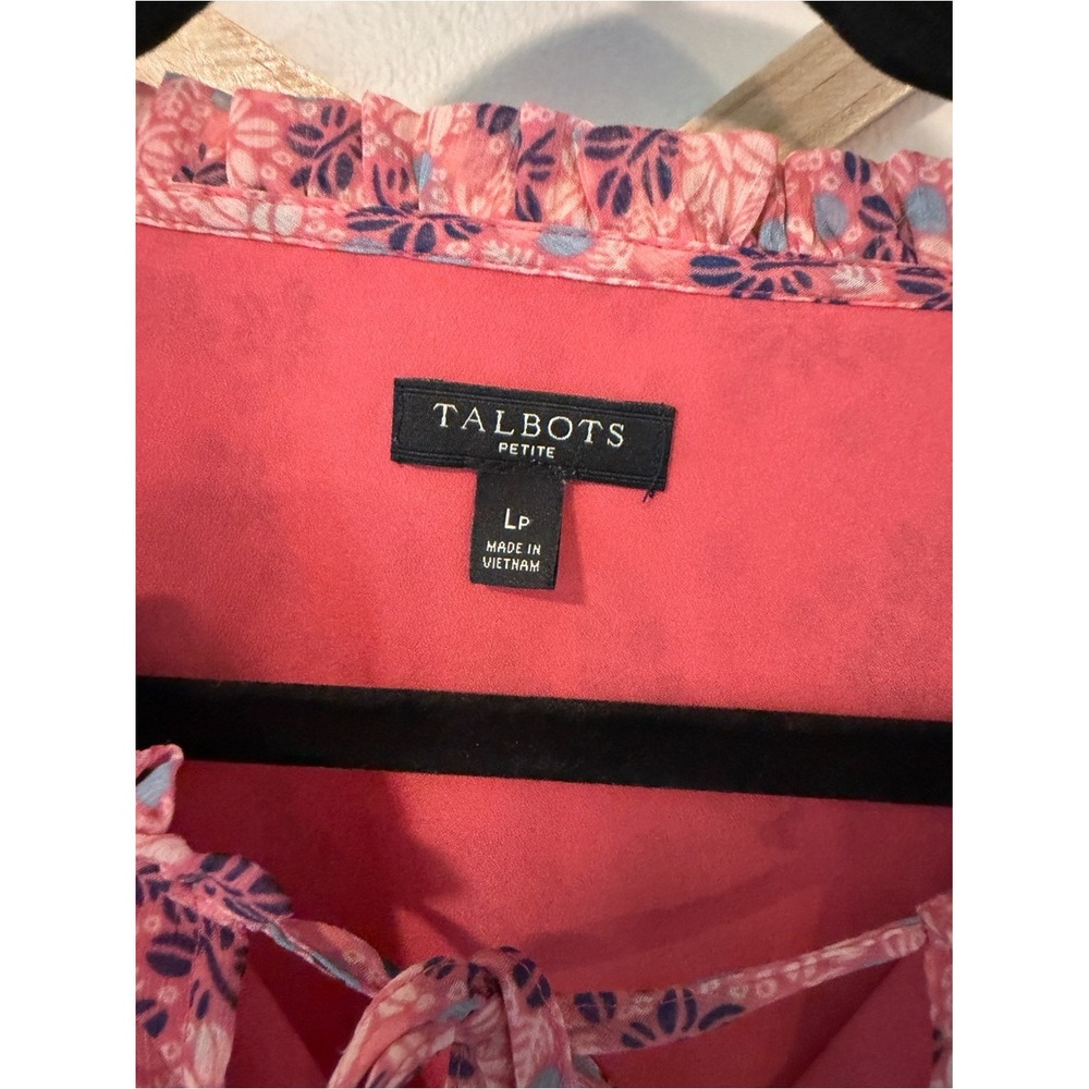 Talbots Floral Ruffle Sleeve Blouse LP Pink Tie Neck Top - Picture 5 of 7